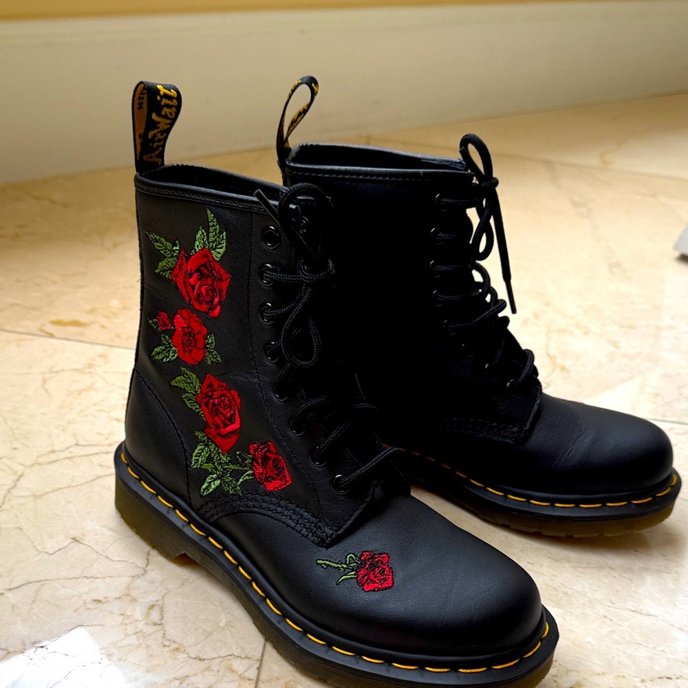 Dr. Martens Black Boots with Red Floral Embroidery